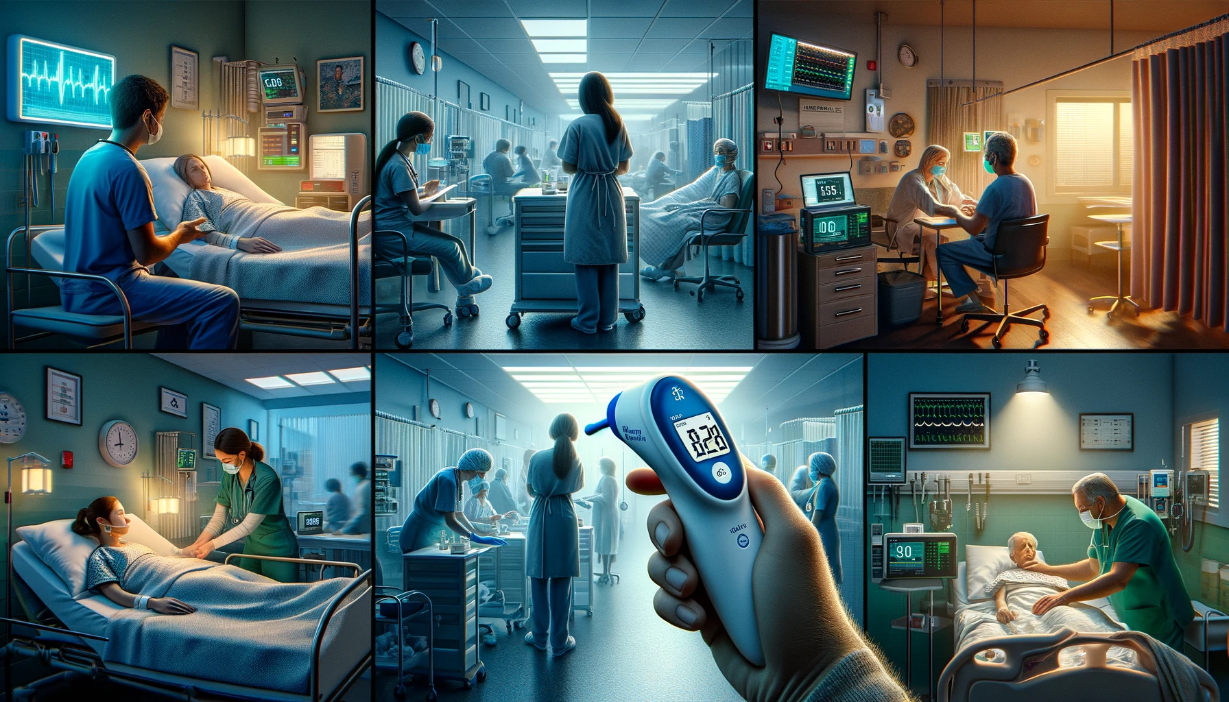 Collection of images showing Welch Allyn thermometers in use across different medical environments, highlighting their versatility and importance in modern healthcare.