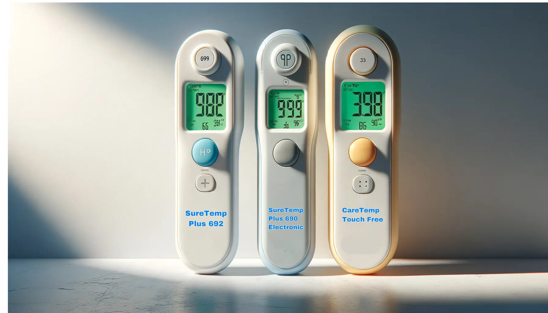 Three Welch Allyn thermometers displayed side by side: SureTemp Plus 692, SureTemp Plus 690 Electronic, and CareTemp Touch Free, showcasing a range for various medical needs.