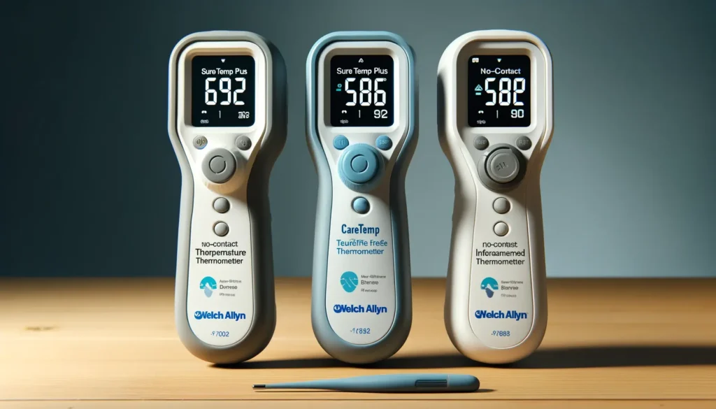 Comparative chart showing the top 3 Welch Allyn thermometers including SureTemp Plus 692, SureTemp Plus 690 Electronic, and CareTemp Touch Free with icons for accuracy, durability, and ease of use.