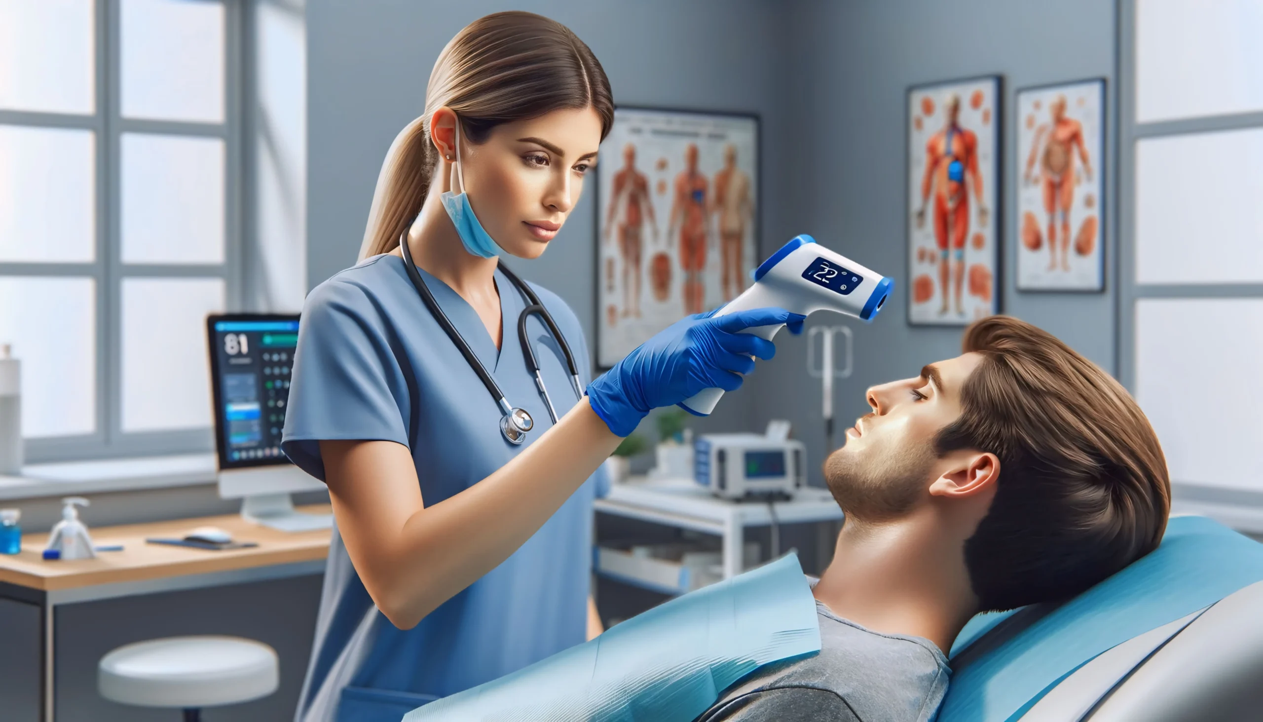 Welch Allyn thermometer being used by a nurse for a patient's temperature check, showcasing its accuracy and user-friendliness in a clinical setting.